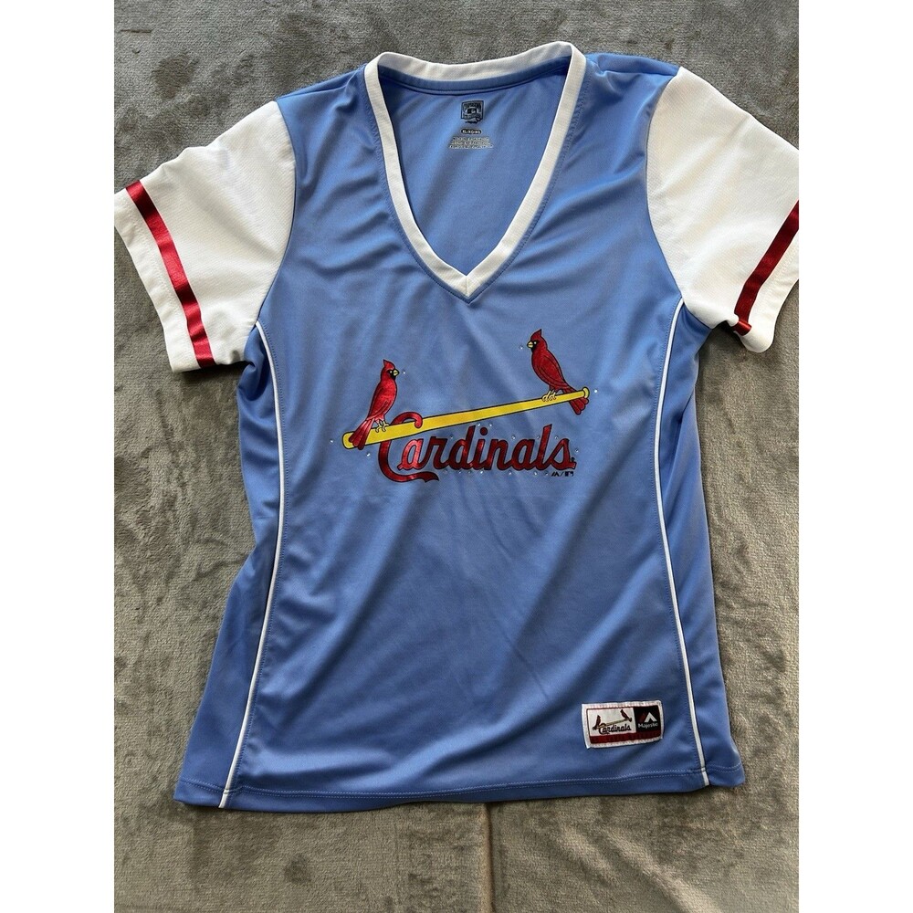 St Louis Cardinals Majestic Cooperstown Women’s XL Blue V Neck Jersey Shirt MLB
